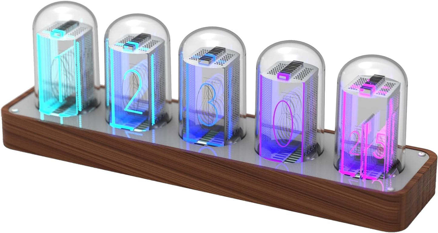 Nixie Tube Clock with Wi-Fi SYNC, Alarm & Timer, 12/24H Display, No Assembly Required  (Wood Grain)