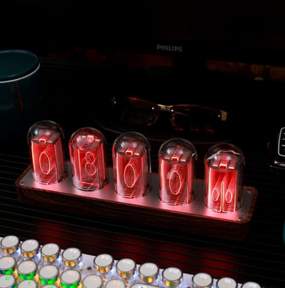 Nixie Tube Clock with Wi-Fi SYNC, Alarm & Timer, 12/24H Display, No Assembly Required  (Wood Grain)