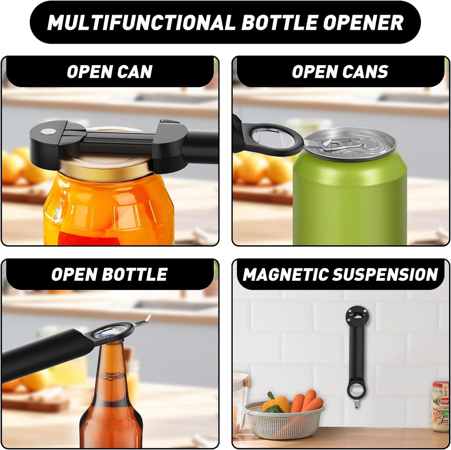 Jar, Bottle Opener for Seniors with Arthritis, Multi Retractable Magnetic Can Opener, Best for Weak Hands and Senior (Black)