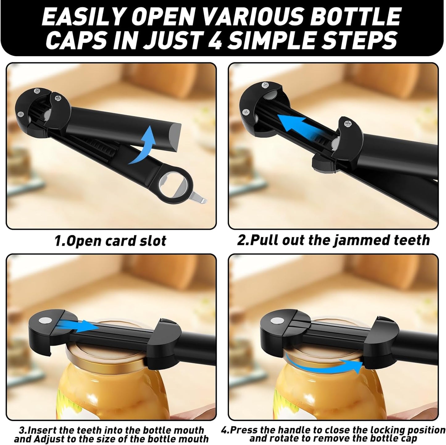 Jar, Bottle Opener for Seniors with Arthritis, Multi Retractable Magnetic Can Opener, Best for Weak Hands and Senior (Black)