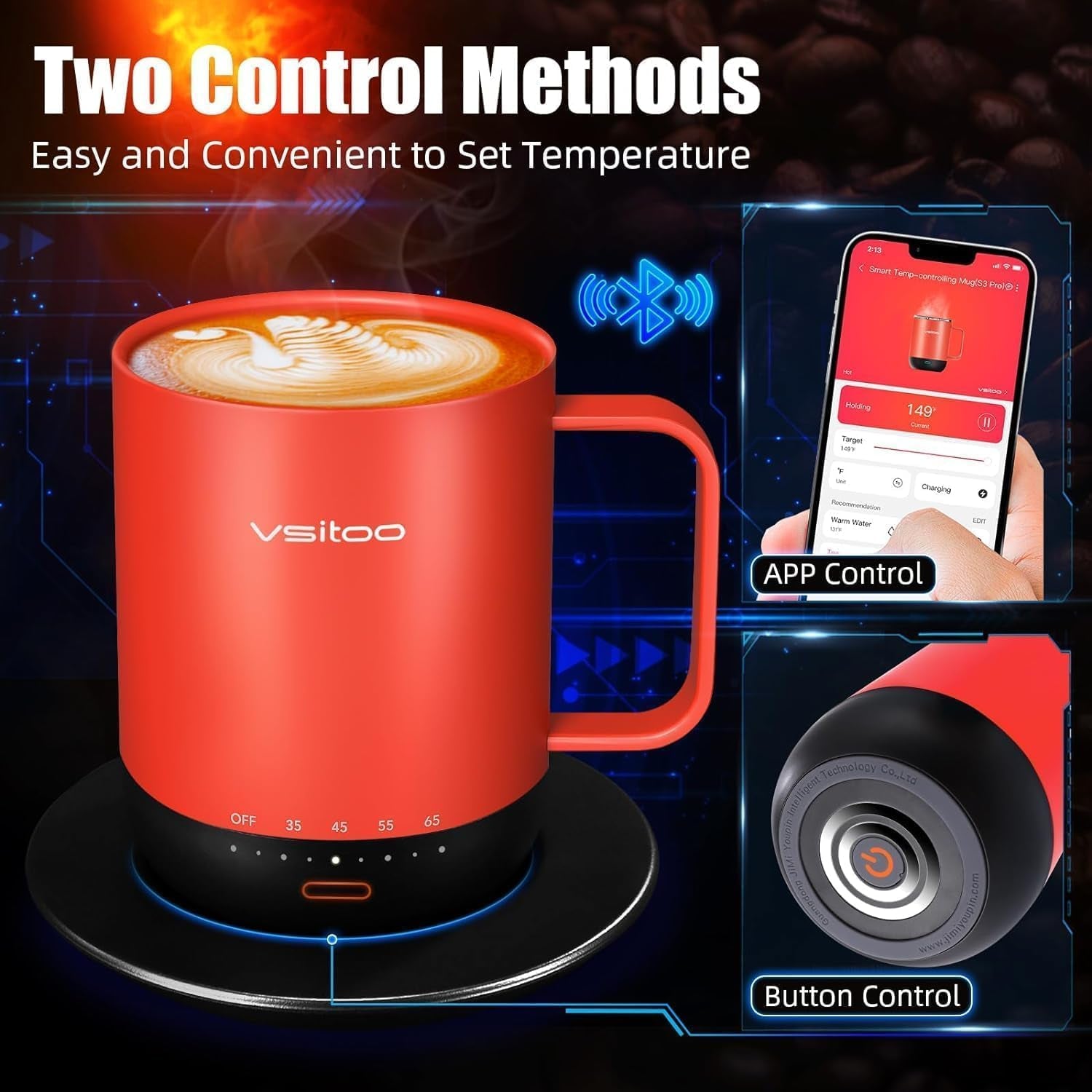 Smart Temperature Control Mug, App-Controlled Heated Coffee Cup, Red - 14 Oz