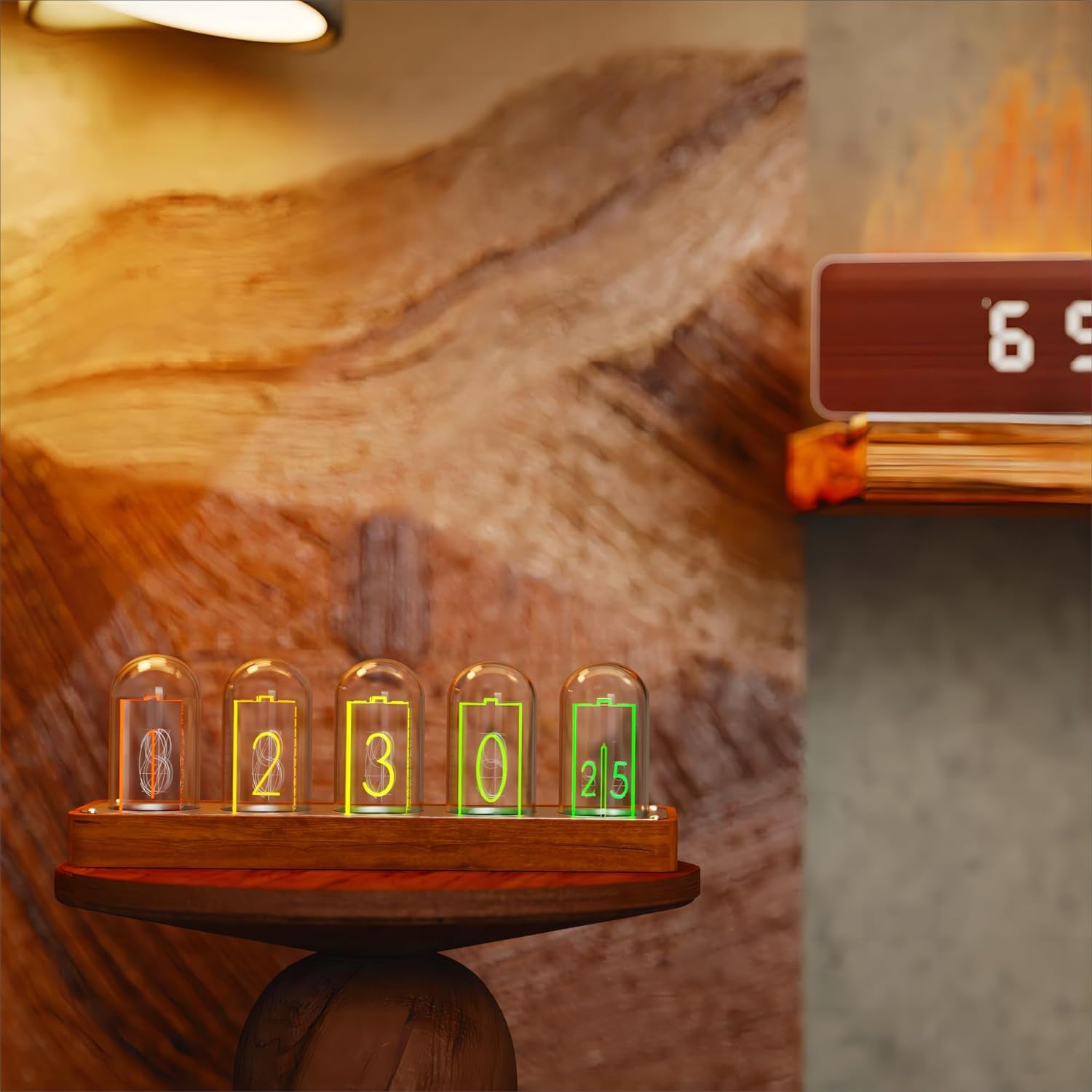 Nixie Tube Clock with Wi-Fi SYNC, Alarm & Timer, 12/24H Display, No Assembly Required  (Wood Grain)