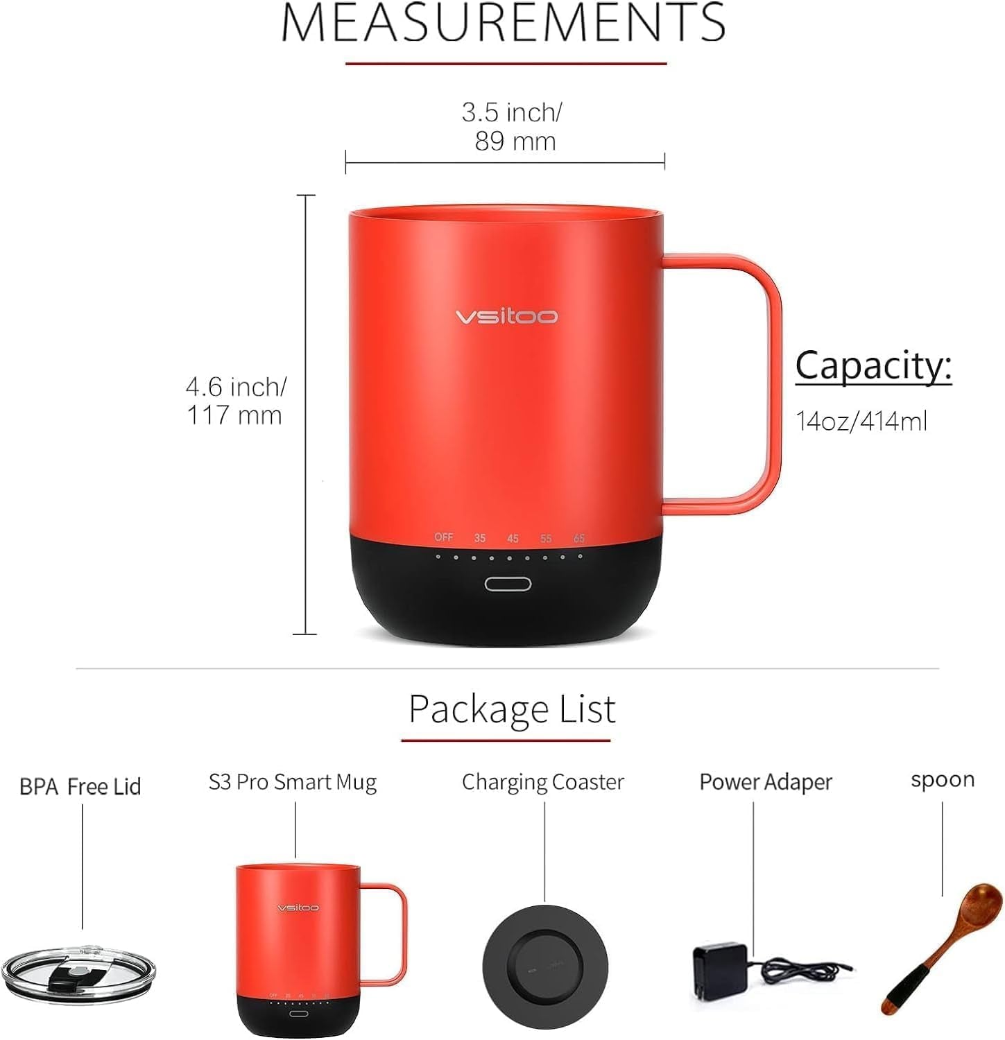 Smart Temperature Control Mug, App-Controlled Heated Coffee Cup, Red - 14 Oz