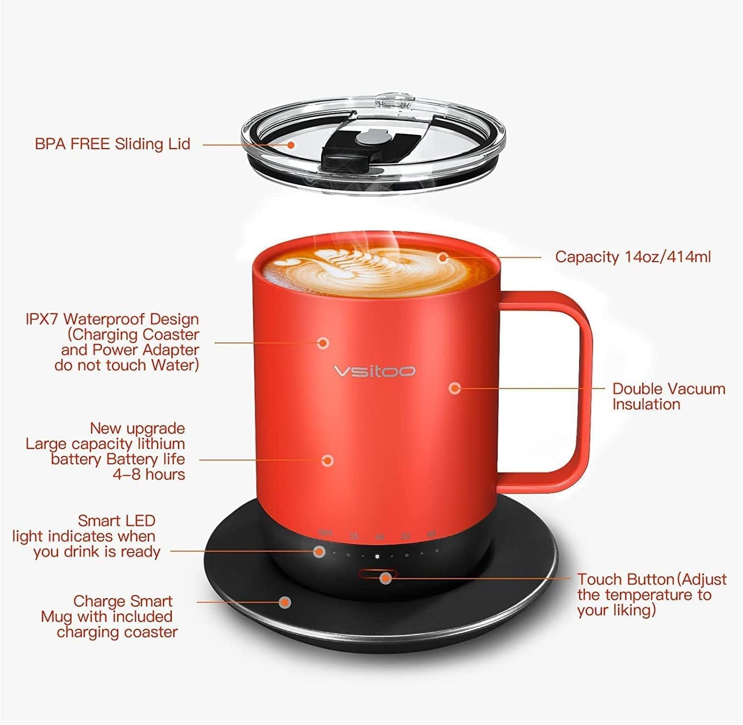 Smart Temperature Control Mug, App-Controlled Heated Coffee Cup, Red - 14 Oz