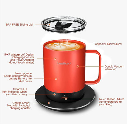 Smart Temperature Control Mug, App-Controlled Heated Coffee Cup, Red - 14 Oz